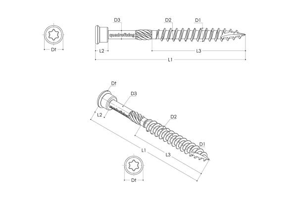 Teraszcsavar 4,5-5,0 mm, rozsdamentes acél C2 (200 db + bit) QUADROFIX TERRIX